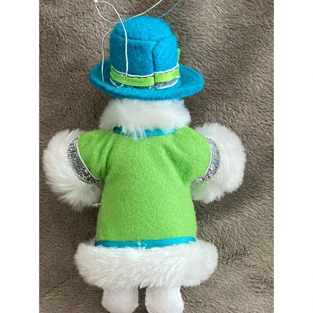 Annalee Winter Whimsy Snowman in Lime Green Coat & Teal Top Hat 5